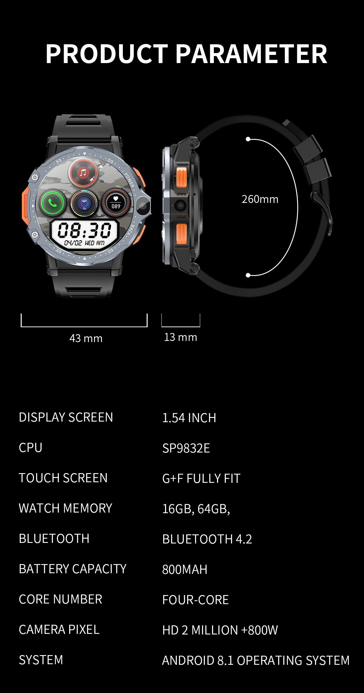 High Strength 4G Smart Watch Touch Screen 1.4GHz Quad Core CPU Touch Screen Fitness Watch