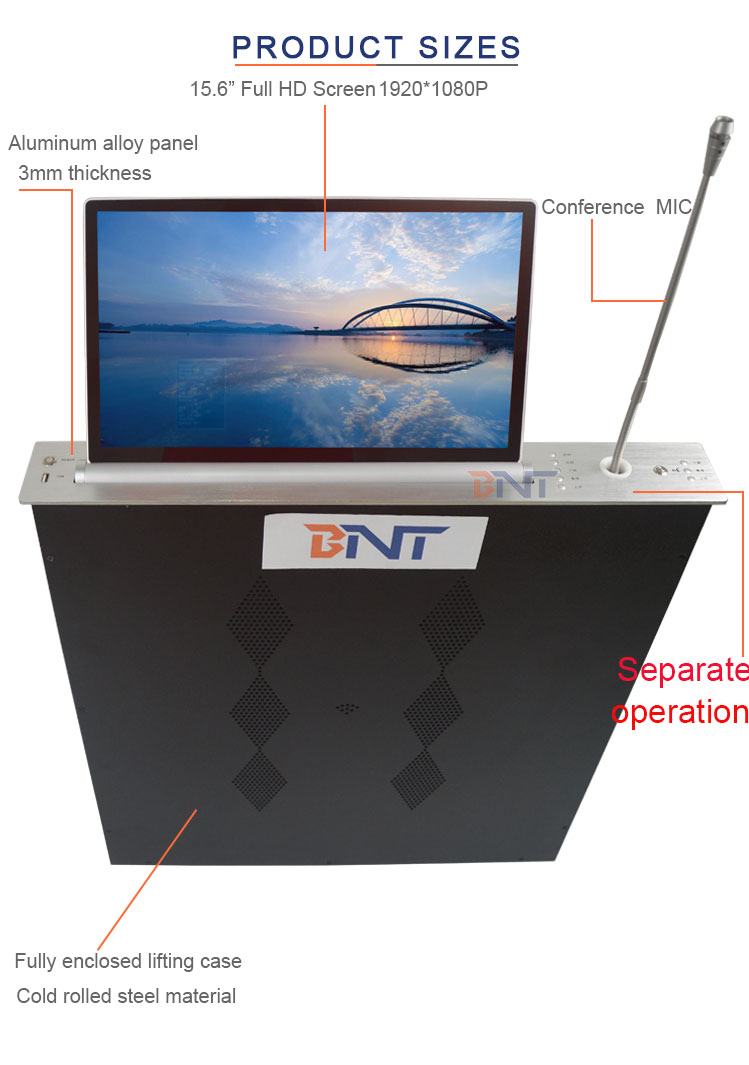 Conference system motorized lcd monitor lift mechanism with discussion microphone