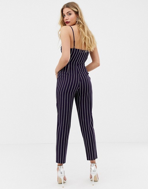 OEM wholesale girls wrap jumpsuit with self belt in navy stripe