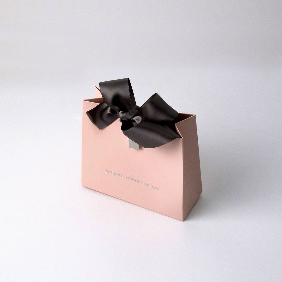 Customised Small Carry Paper Shopping Bags With Bow Tie Ribbon Handle Customer's Logo