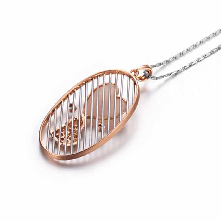 18K Rose Gold White Gold Double Heart Oval Charm with Diamonds Pendant Necklace（GDN013）