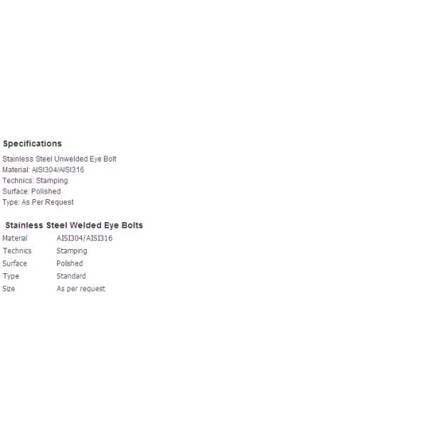 Stainless Steel AISI304 AISI316 Stamped Eye Bolts Nut And Washer Metric Inch Thread