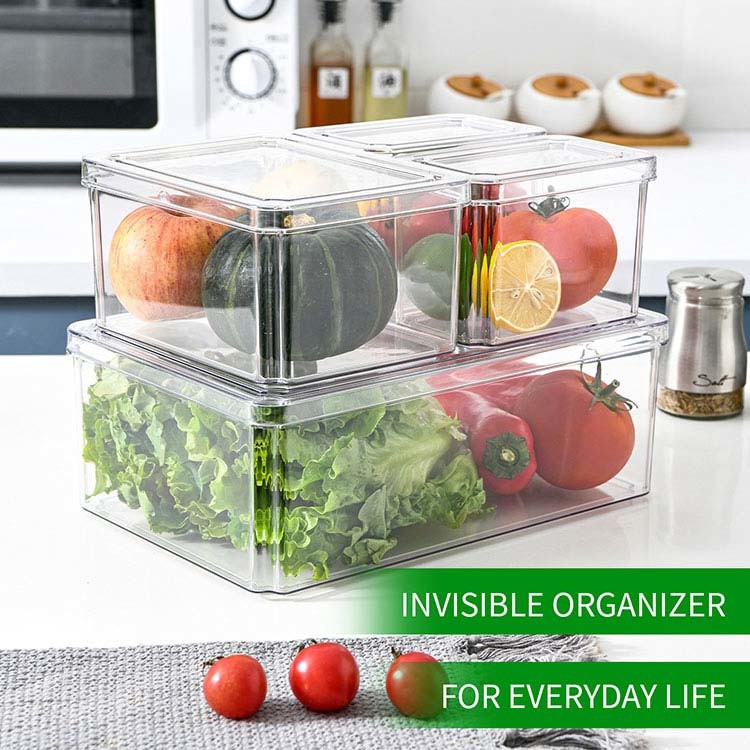 4 Pcs Stackable Plastic Clear Fridge Organizer Set Kitchen Food Storage