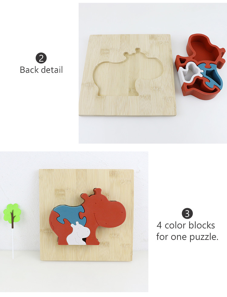 Silicone and wooden jigsaw puzzle standing animal hippo puzzle kid toys for child playing