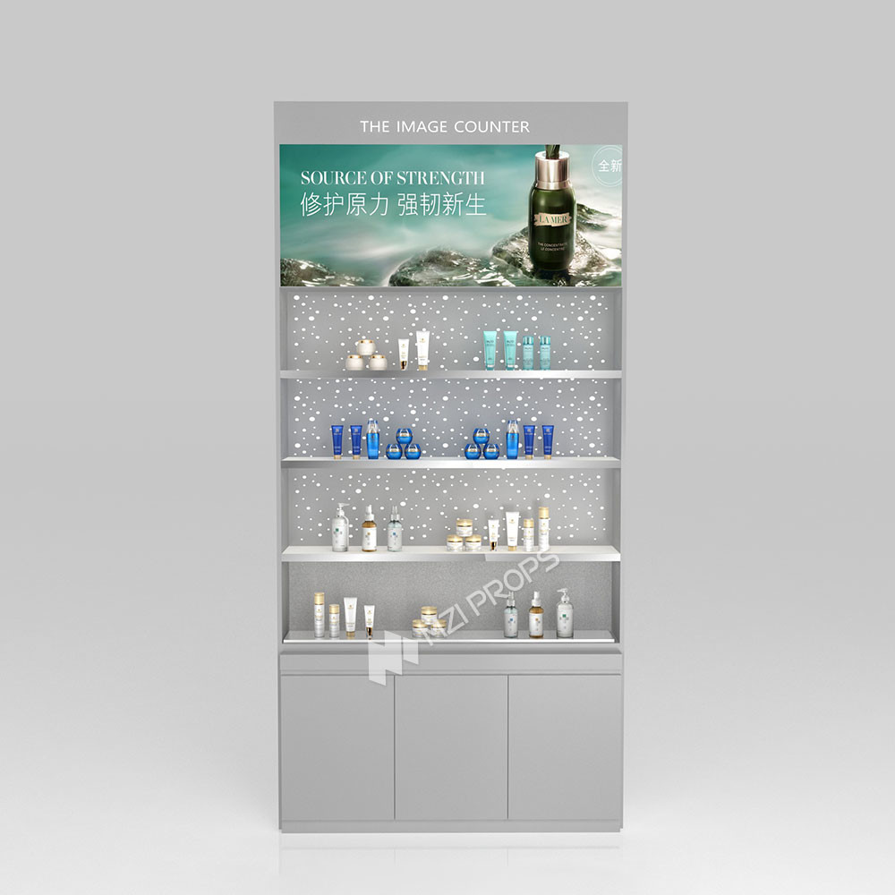 Makeup Display Shelf Grey Wooden Display Cabinet For Premium Shop Display And Retail Shop Design