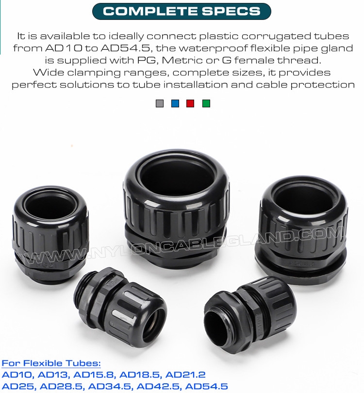 IP68 Plastic Straight Connectors, Adjustable Nylon 6 Cable Glands Waterproof Joints c/w M12~M63 Threads for AD10~AD54.5 Flexible Tubes