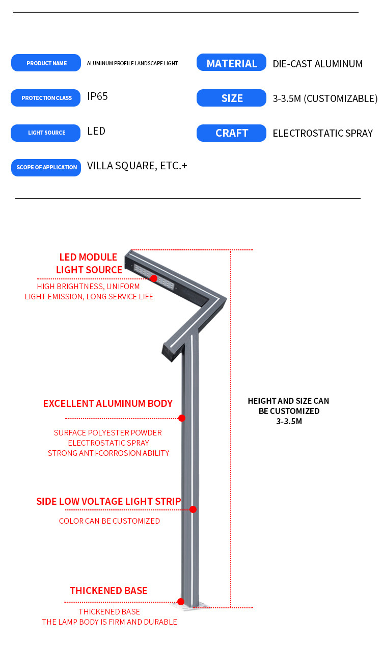 Path House LED Outdoor Landscape Lights Height 3m D130-85mm 30w