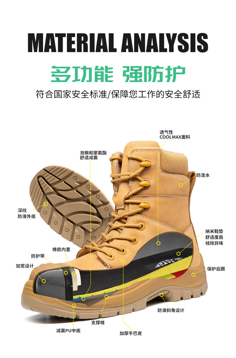 Security Work Boots Wheat Cowhide Safety Boots Rubber Sole Glass Fiber Toe Anti-smashing Kevlar Anti-proof Work Shoes