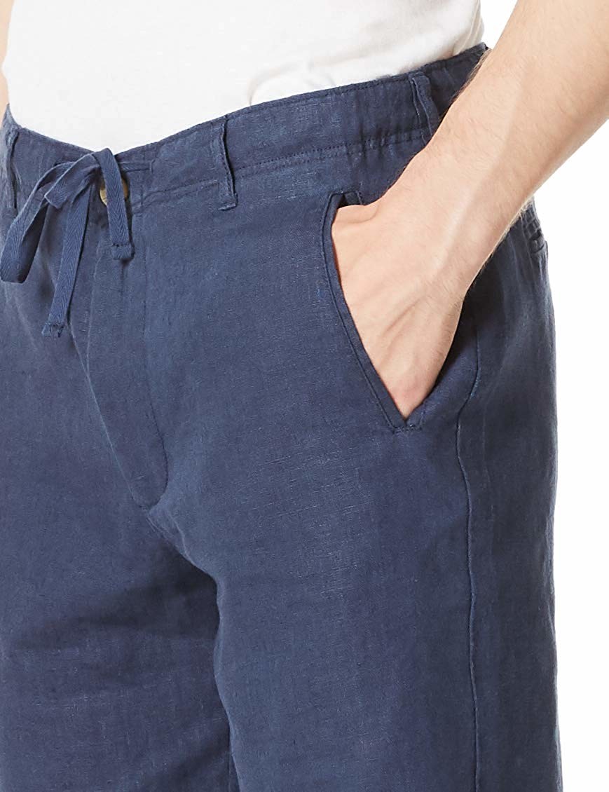 Low Waist Zipper Fly Mens Linen Shorts Navy Straight Leg with 2 Pockets