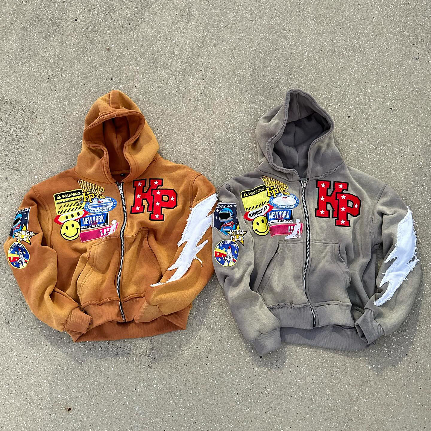 Mens Rhinestone Zip Up Hoodie 500Gsm Grey Orange Stone Acid Wash Hoodie Distressed Patch Embroidery