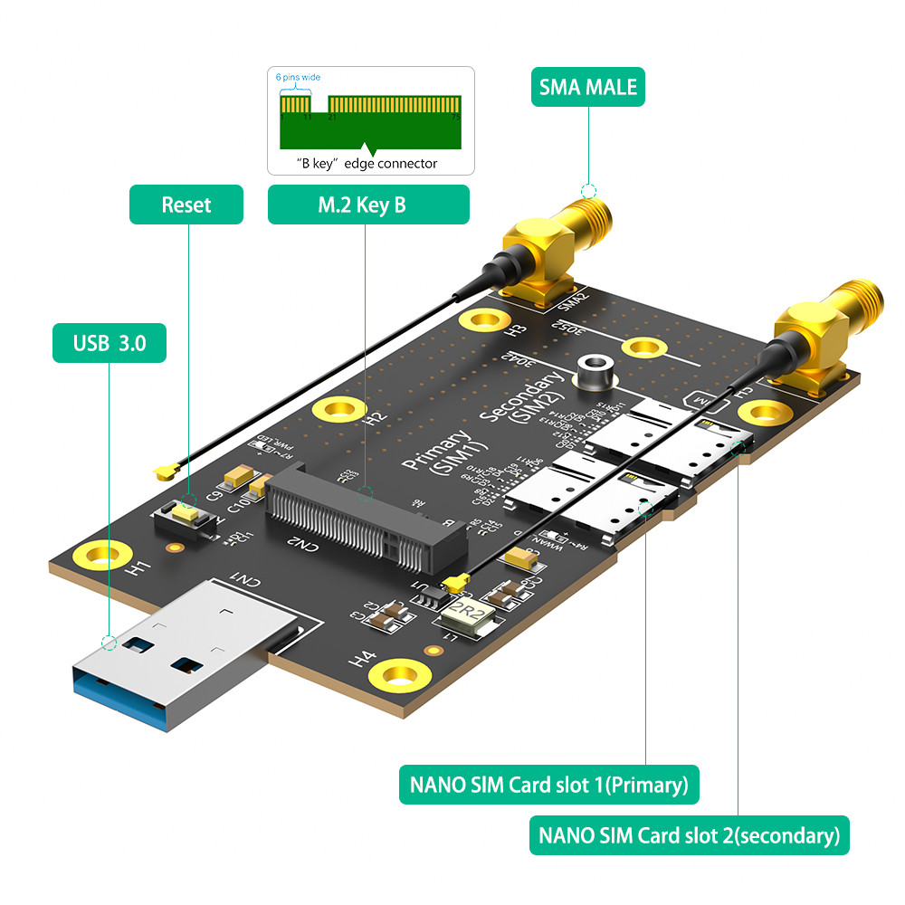 PCI Express Gen 3.0 8 Gbps NGFF M.2 to USB 3.0 Adapter with Dual NANO SIM card Slot