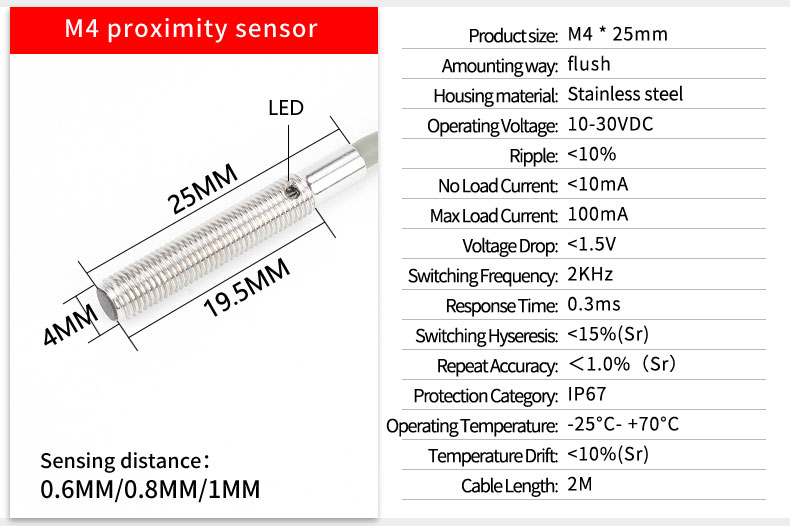 Small Size Inductive Proximity Sensor M3 / M4 / M5 / M6 Stainless Steel Housing