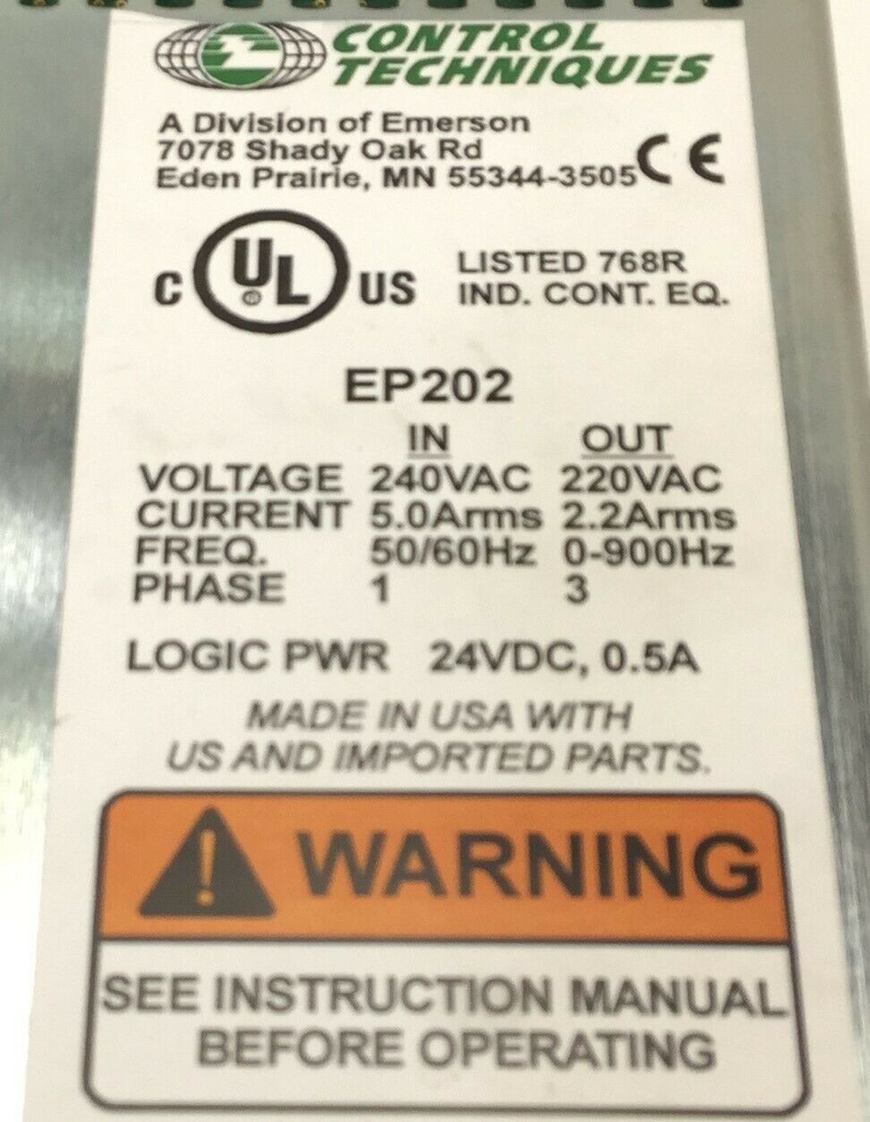 EMERSON EP202-P00-ENR0 EPSILON EP PROGRAMMABLE SERVO DRIVE 230VAC