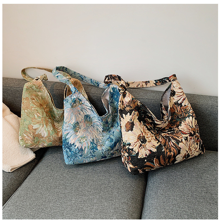 LARGE CAPACITY WOMEN'S BAG FRENCH SIMPLE CANVAS BAG OIL PAINTING NATIONAL STYLE SHOULDER BAG TOTE BUCKET BAG