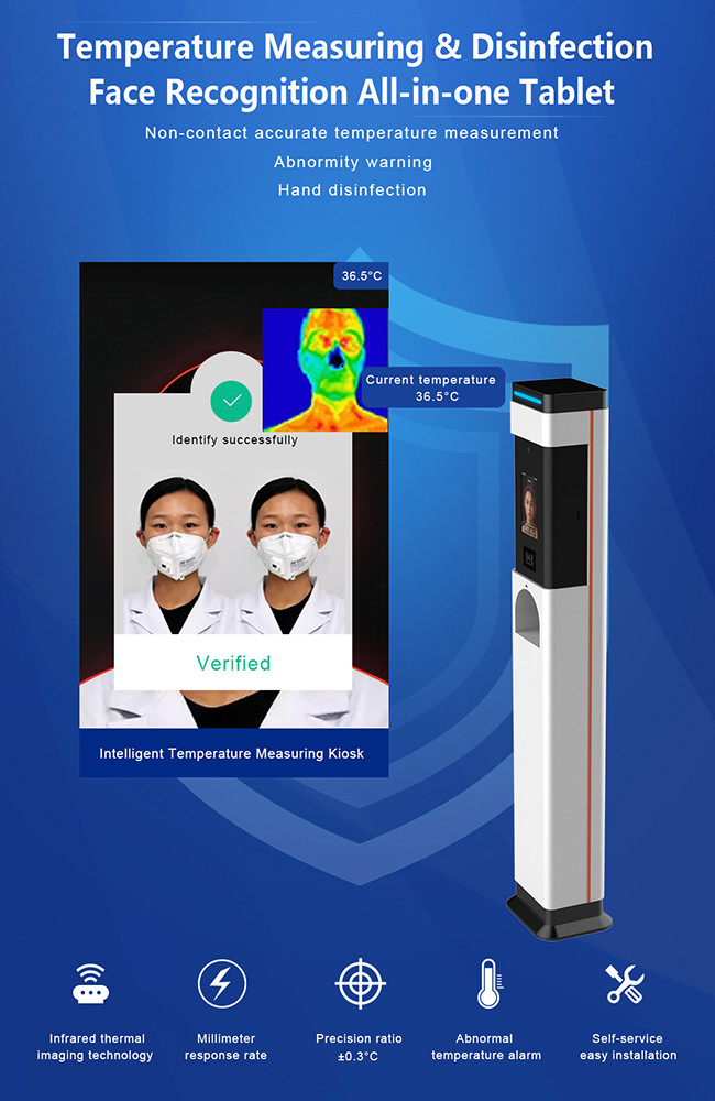 Non Contact Temperature Monitoring Kiosk Hand Disinfection Face Recognition All In One