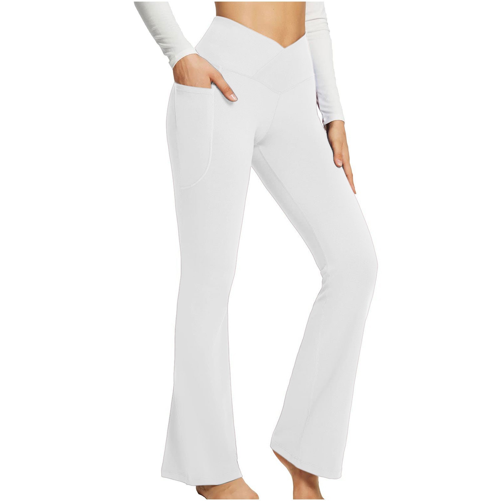 Women'S High Waist Flare Pants Trendy Crossover Yoga Pants Workout Bell Bottom Leggings With Pockets