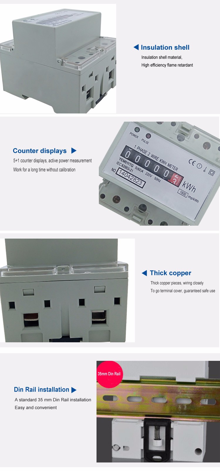 Single Phase Two Wire Din Rail Active Register Display Electronic Kwh Energy Meter