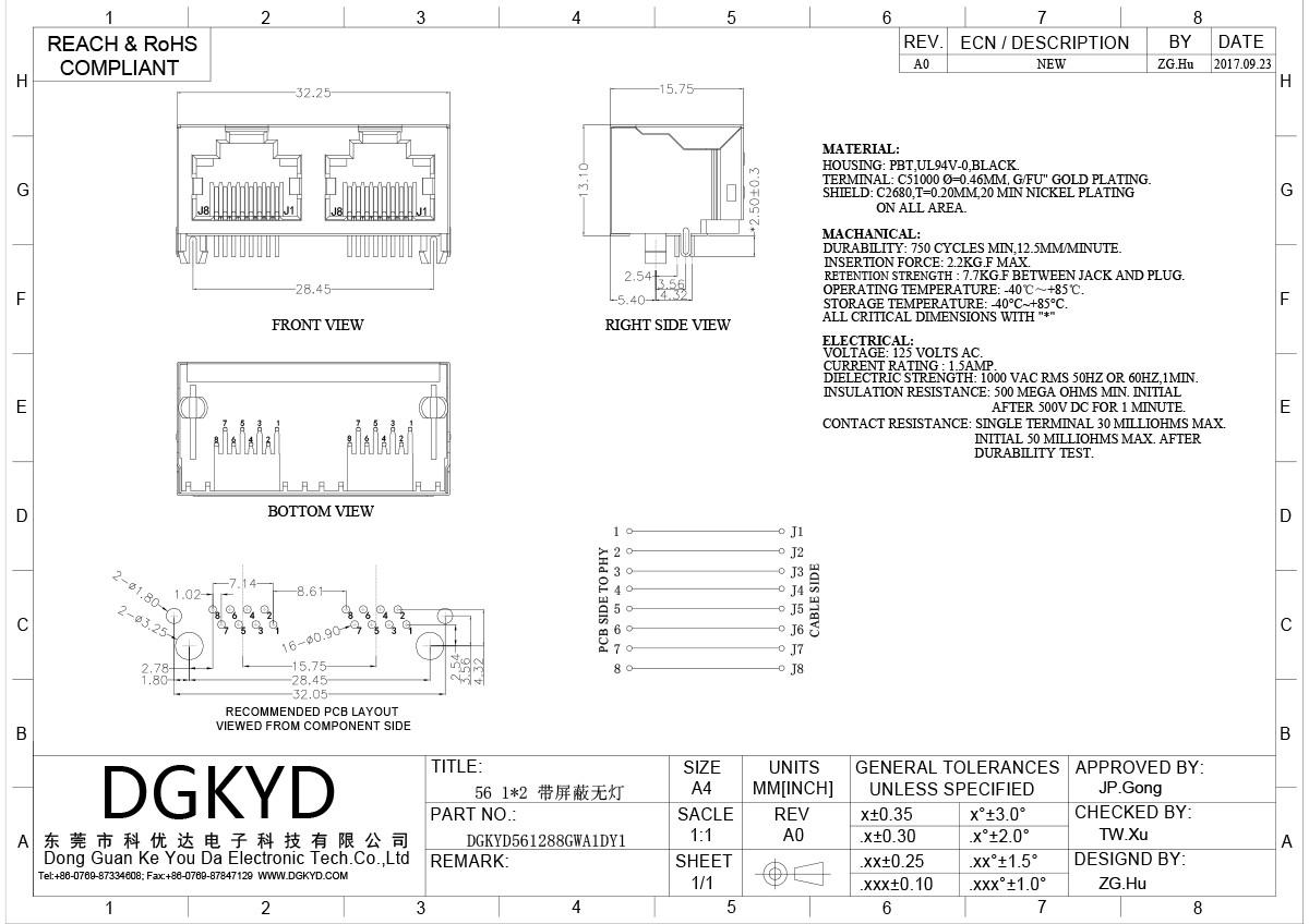 RJ45 network socket connector with shielded female socket/interface/network port DGKYD561288GWA1DY1
