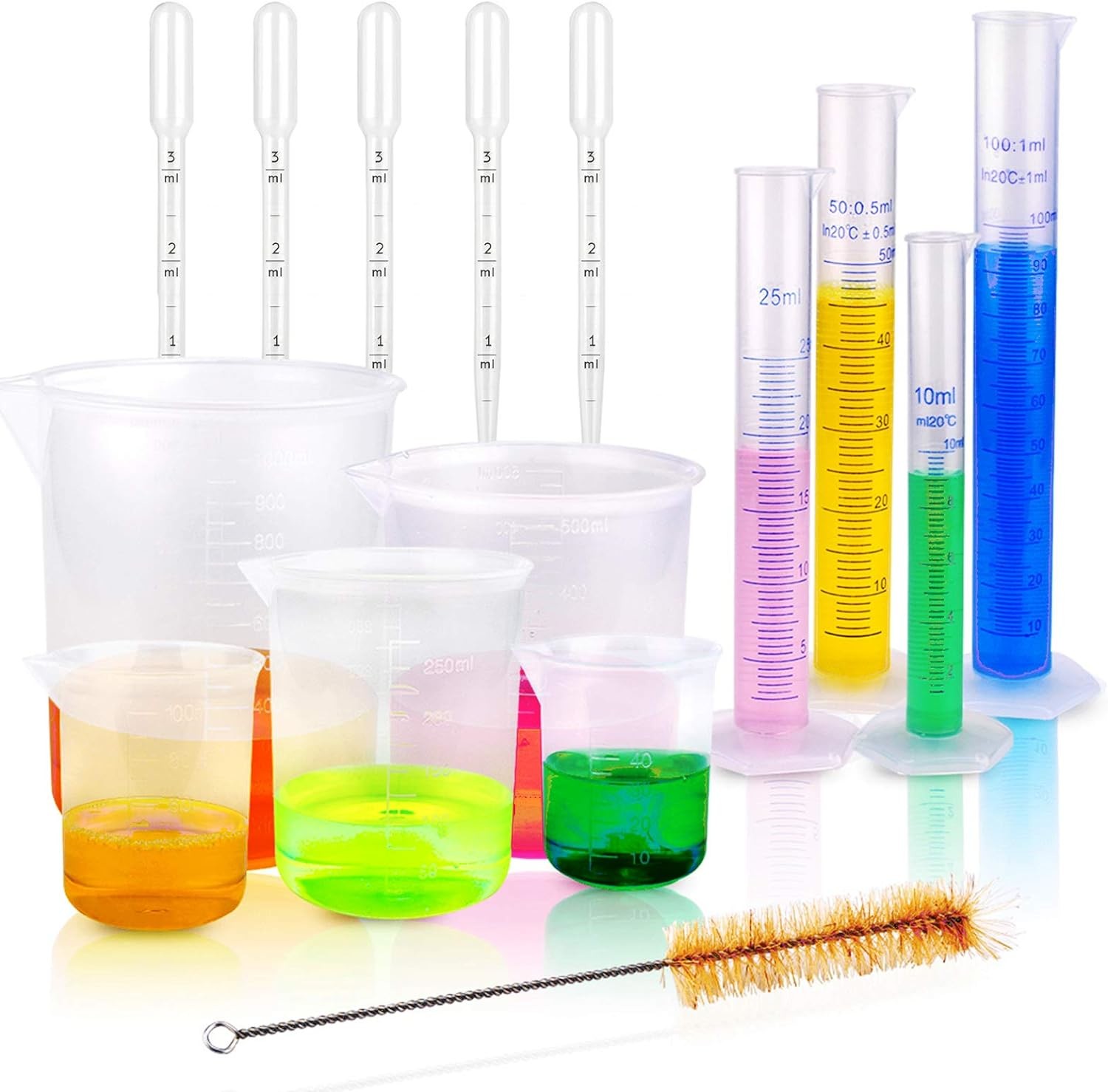 Plastic Graduated Cylinders And Beakers 5 Pipettes, 10ml 25ml 50ml 100ml Cylinders, 50ml 100ml 250ml 500ml 1000ml