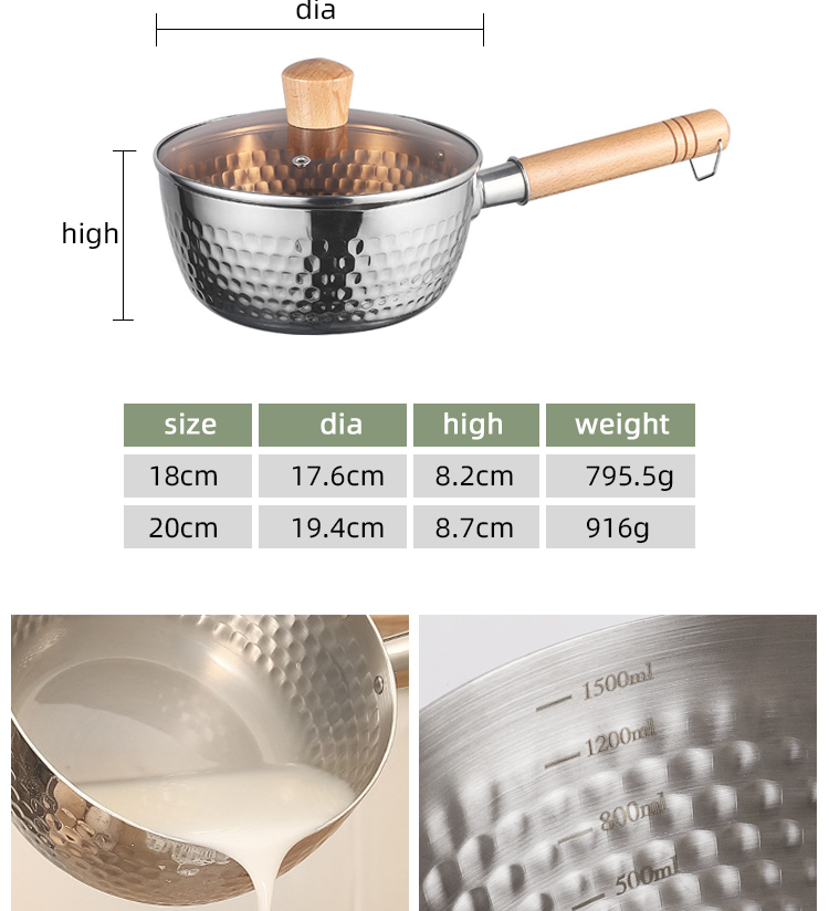 Elegant Hammered Convenient Design Japanese Sauce Pan Traditional With Wood Handle