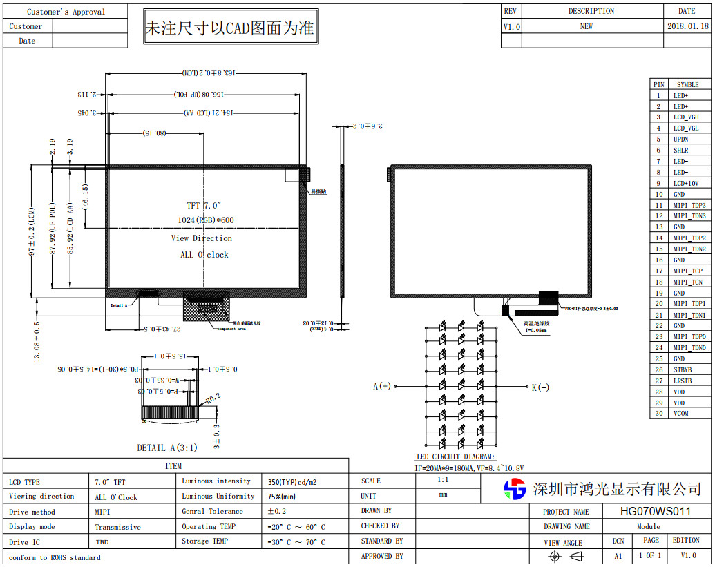 7 inch IPS 1024x600 TFT LCD MIPI Interface