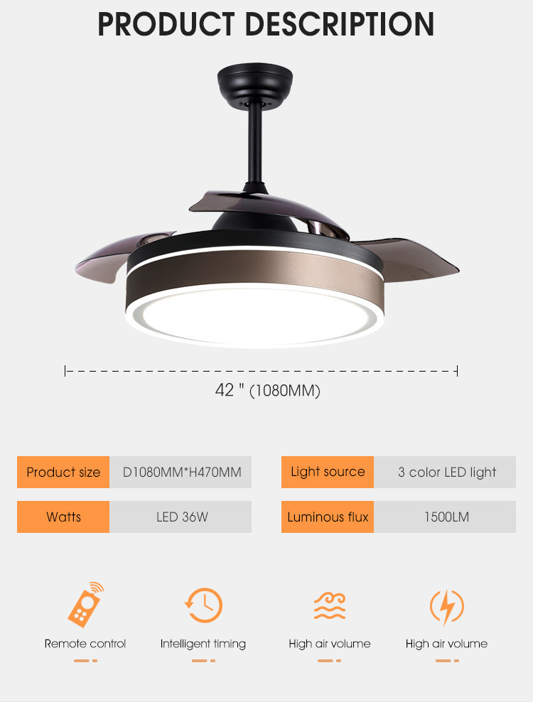 Invisible Ventilador Ceiling Fan 42 Inch 52 Inch Dimmable Retractable Ceiling Fan With Light