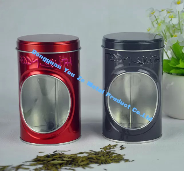 Embossed Black Tins Round Tin Box with Clear Window on Body Decorative Tin Container