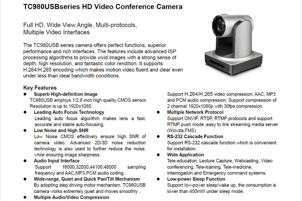 1080P60 Video Conference PTZ IP Camera with 12x Zoom for Surveillance and USB3.0 Output