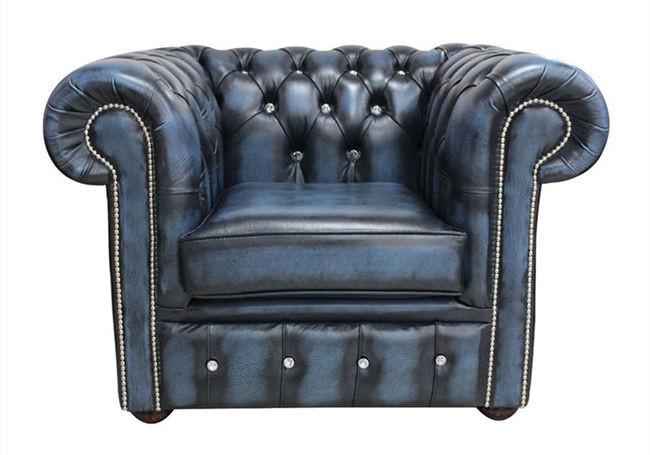Blue Vintage Leather Chesterfield 3 Seater Sofa Set Low Back Style
