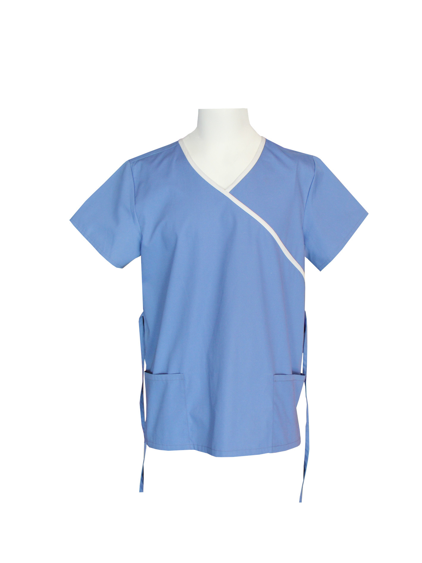 160 GSM Polyester 65% Cotton 35% Blue Scrubs V Neck With Ties
