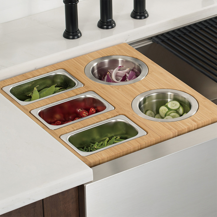 Workstation Composite Bamboo Cutting Board Set with Rectangular Stainless Steel Bowls