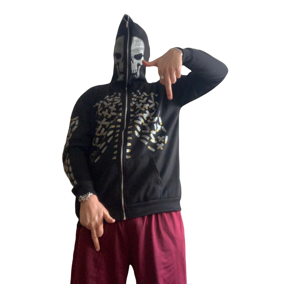 800 grams Hooded Zip Up Sweatshirt Men's Gothic Rhinestone Skull Graphic Print Jacket