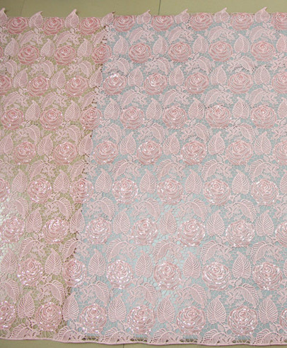 Chemical lace with Red/Pink /Orange Color + Embroidery Sequin Lace Fabric