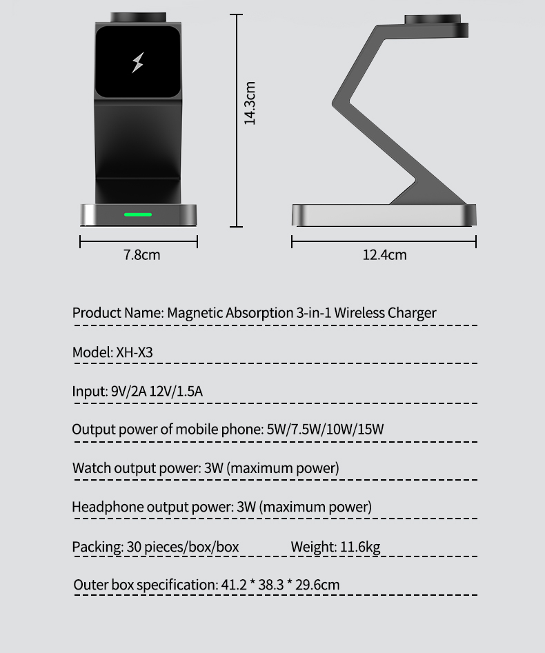 15W Maximum Output Power 3 In 1 Wireless Charger for iPhone 12 13 14 15 Type C Input Port
