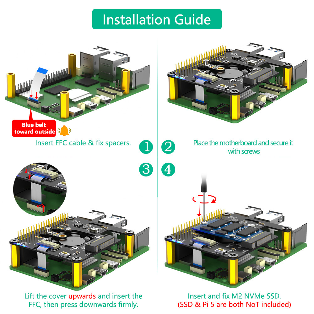 New version 3 in 1 Combo M.2 NVMe to PCIe Adapter with cooler fan and Automatic Discoloration LED for Raspberry Pi 5