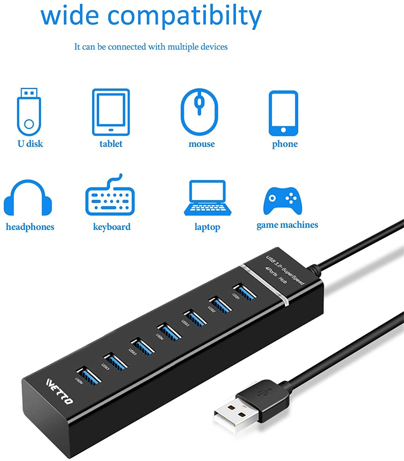 LED 3.0 7 Port USB HUB Splitter ABS 1.2m Extra USB Ports For Laptop FCC