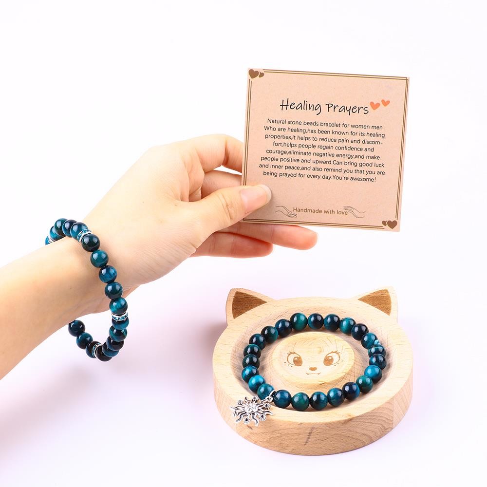 Handmade Elastic Round Turquoise Blue Tiger'S Eye Stone Beaded Stretch Bracelet