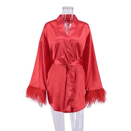 OEM maufactory Autumn Pajamas Sexy Bath Long Sleeved Feathers Satin Robe Pure Color French Leisure