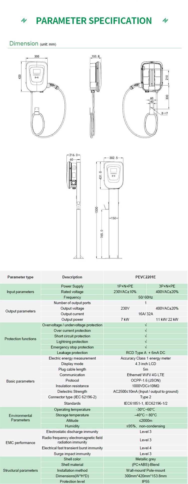 Highfly EU Warehouse In Stock CE TUV 7KW 32A Type 2 Car EV Charger AC EV Charger Electric EV Charging Station Wall Box