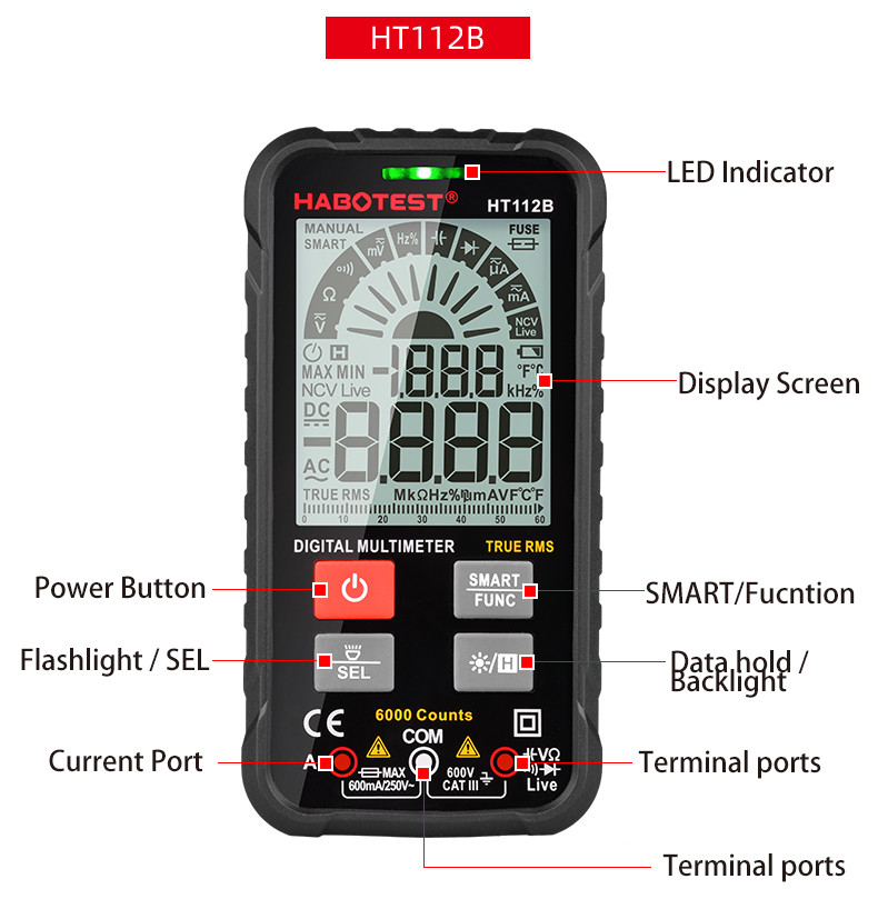 Flashing Light HT112B 600A 600uA Habotest Multimeter
