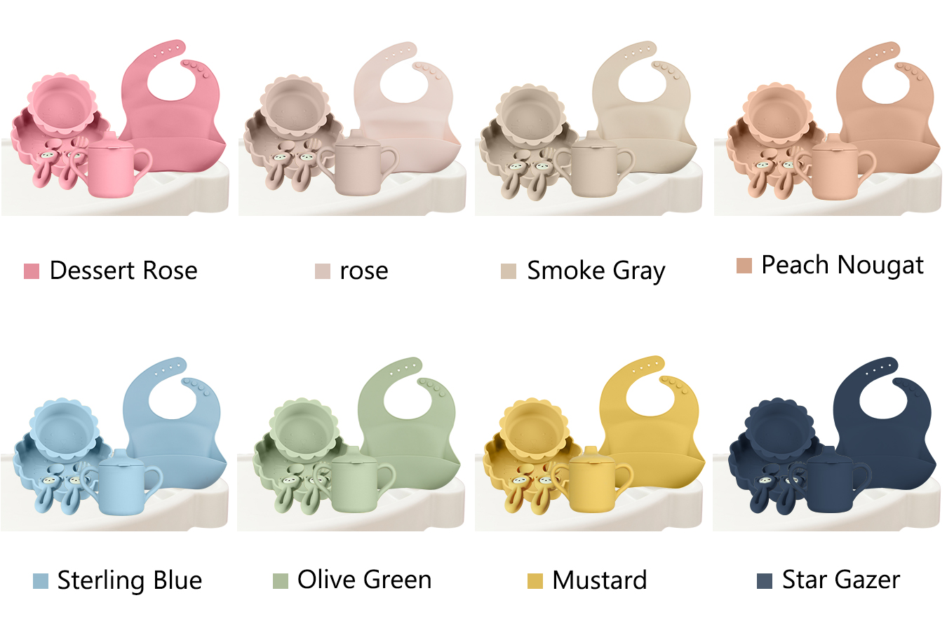 Modern Style Silicone Dinnerware Set , BPA Free Baby Silicone Plate bowl cup bib spoon fork feeding Set