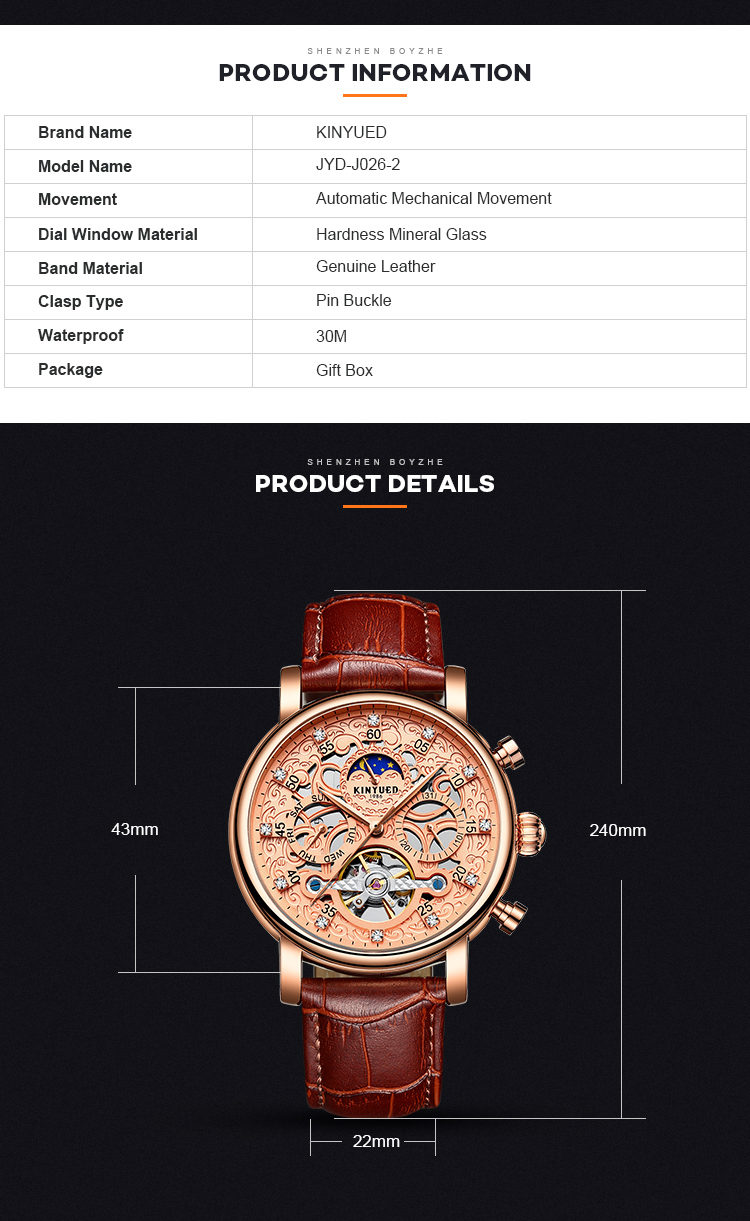 Gold Dial Tourbillon Mechanical Watch 30M Waterproof Pin Buckle