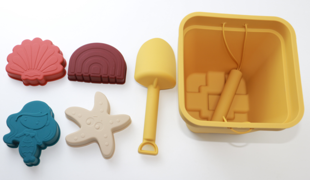 6 Piece Silicone Beach Toy Set Bucket Colorful For Water Floating Entertainment Silicone Molds Starfish Sand Toy