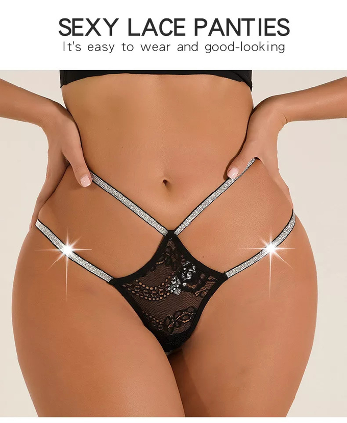 Womens Lace G Strings Sexy Cross Shining Waistband Thongs Bikini Panties Crystal Female Underwear
