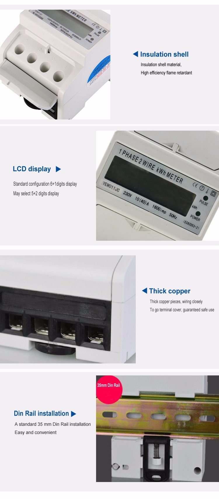 Factory Supply 4P Din Rail 1 Phase 2 wire Digital LCD Electric Power Energy Meter