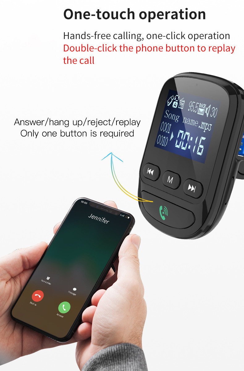 1.44inch LCD FM Transmitter Bluetooth Car Kit BLE5.0 Car Charger Bluetooth Adapter