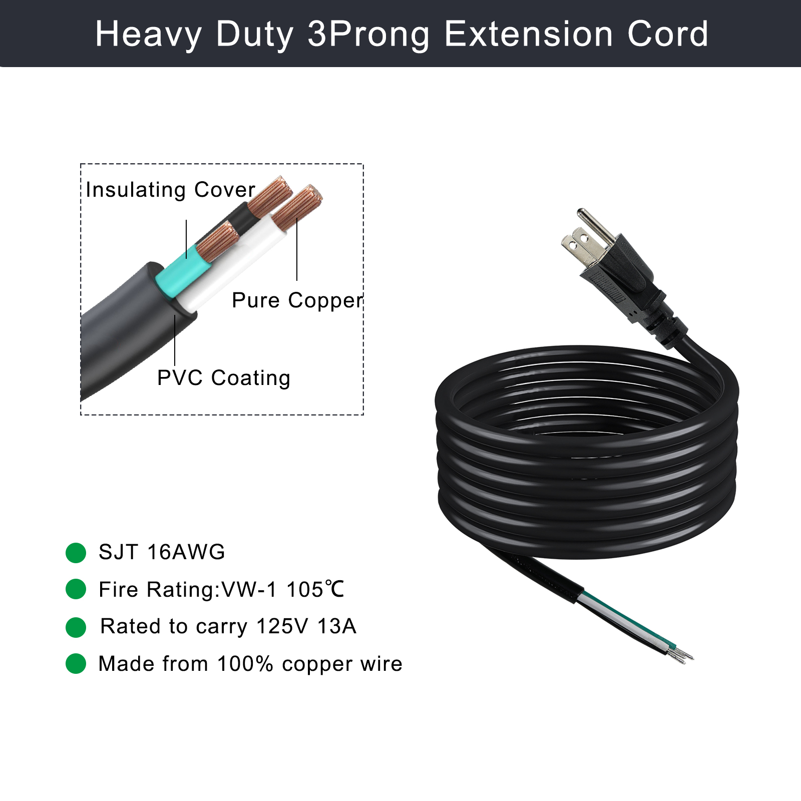 NEMA 5-15P To 10MM Power Stripped Extension Cord SJT SJTW 3 Wire Cable