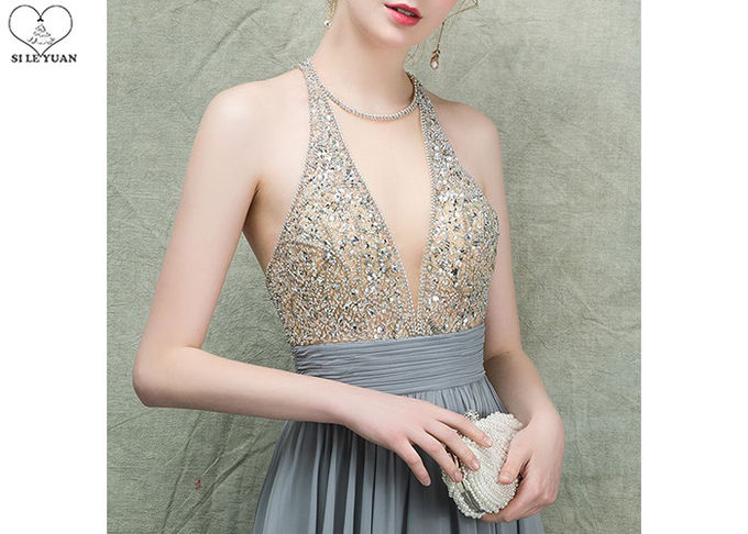 Hanging Neck Gold A Line Ball Gown Dress Beaded Deep V Neck Floor Length Chiffon