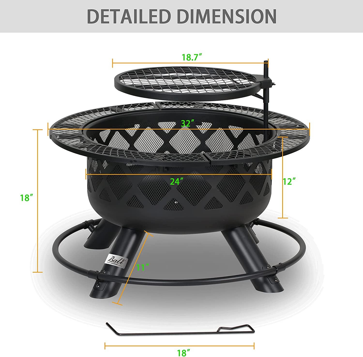 32'' Outdoor Wooden Brazier Round Fire Pit With Quick Removable Cooking Grill