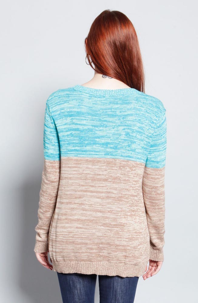 WOMEN'S 100% COTTON COLOR BLOCK SLUB YARN SWEATER
